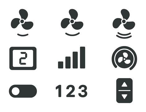 Fan Speed Icons. Flat icon set of fan speed settings: low speed, medium speed, high speed, digital display,