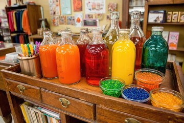 Colorful drinks and colorful beads on a wooden display
