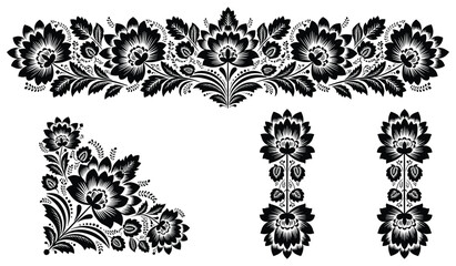 Intricate black floral ornaments set, corner and vertical design elements with botanical motifs for embroidery, wallpaper, tattoo, and decoration projects