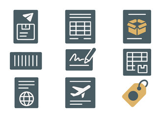 Shipping Document Icons. Flat icon set of international shipping documents: shipping label, invoice form,