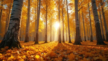 Sunlit grove of aspen trees with golden foliage. Autumn fall scenery, golden leaves carpet forest floor. Forest landscape during fall season. Nature park, hiking, adventure.