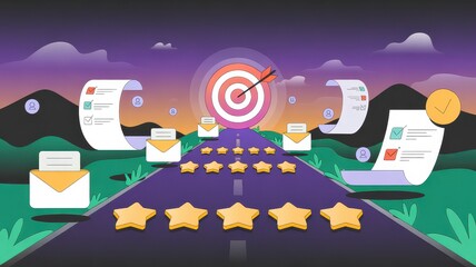 Road of Star Ratings and Emails Leading to Bullseye in Scenic Night Setting