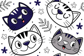 Charming seamless pattern featuring adorable cat faces in a repeating playful design