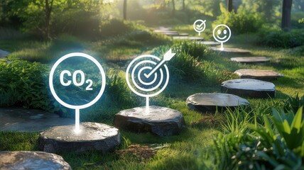 Sustainable Pathway with Stepping Stones Displaying CO2, Target, and Smiley