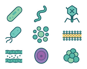 Microbial Life Icons. Flat icon set of microbial life illustrations: rod-shaped bacteria, spiral microbe,