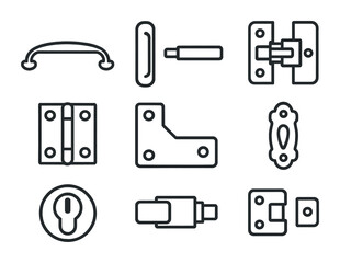 Modern Cabinet Hardware Icons. Flat icon set of cabinet hardware elements: drawer handle, door pull, latch,