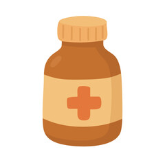Cartoon brown medicine bottle with cross. Flat vector health and pharmacy clipart illustration.