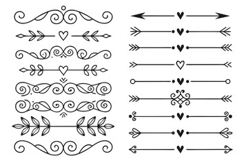 Fototapeta premium Vintage Hand-Drawn Swirl and Arrow Dividers in Elegant Black Vector. Ornamental Borders Featuring Floral Accents for Creative Layout Design and Invitations.
