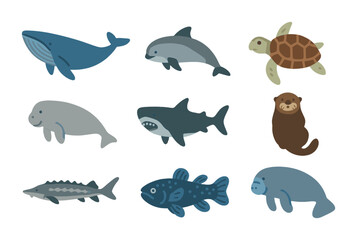 Endangered Marine Icons. Flat icon set of endangered marine species: blue whale, vaquita, hawksbill turtle,