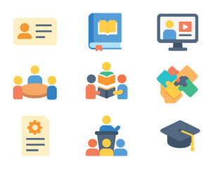 Lifelong Learning Icons. Flat icon set of lifelong learning collaboration: library card, textbook, online
