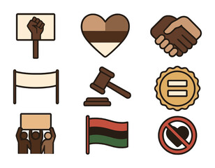 Racial Justice Icons. Flat icon set of racial justice and equity: Black Lives Matter sign, skin tone heart,