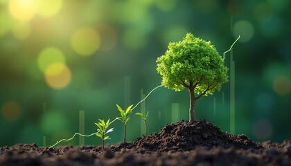 Image shows small trees grow into big tree with rising chart line. Concept of business success, growth, investment, financial planning, or eco-friendly tech. Future trends visualization in business.