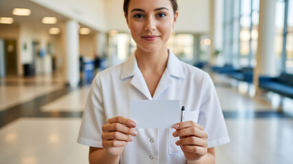 Assistant holds blank appointment card in hospital, great for medical print or healthcare branding mockup