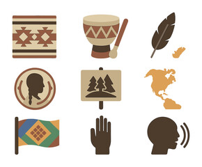 Indigenous Rights Icon Set. Flat icon set of indigenous rights movement: tribal pattern icon, cultural drum,