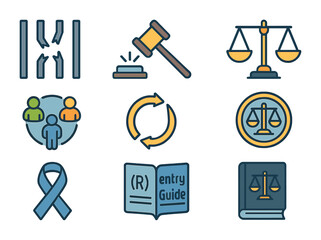 Justice Reform Icons. Flat icon set of prison and justice reform: prison bars with break, gavel with reform