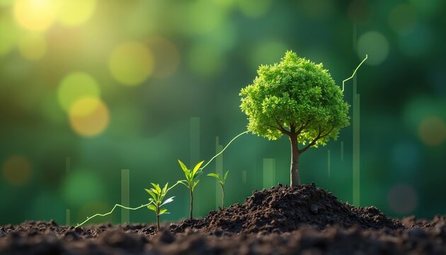 Image shows small trees grow into big tree with rising chart line. Concept of business success, growth, investment, financial planning, or eco-friendly tech. Future trends visualization in business.
