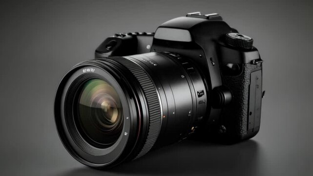 A professional digital single lens reflex camera, showcasing the lens and its optical elements, is placed on a dark gray surface.