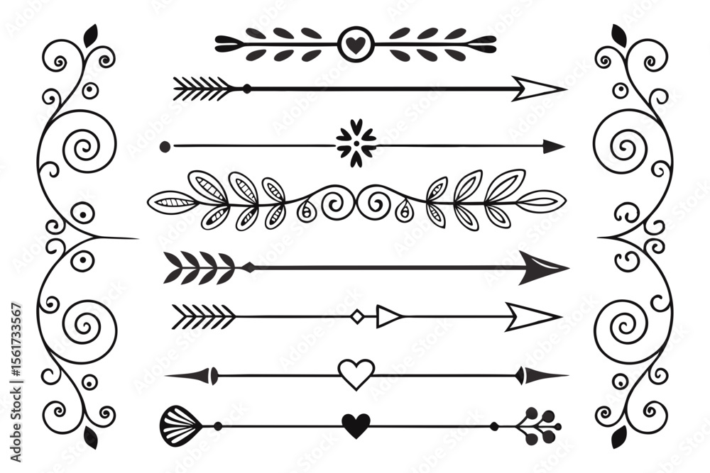 Fototapete decorative arrow and swirl divider set featuring hand-drawn floral accents and elegant curved border