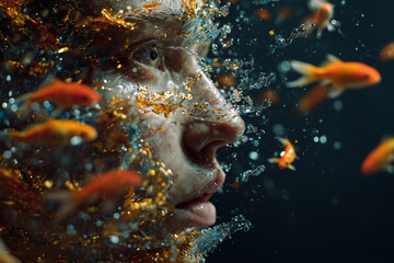 Close-up portrait of a person submerged in water, surrounded by vibrant goldfish and shimmering bubbles, capturing a surreal underwater experience