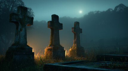 月明かりに浮かび上がる古い墓地の三つの十字架 | 青緑の薄明かり