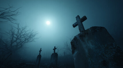 月明かりに照らされた霧深い墓地の古い十字架 | 神秘的な青い夜