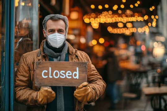 Cafe owner wearing a protective face mask, flipping the sign to closed at the end of the business day, Generative AI - Powered by Adobe