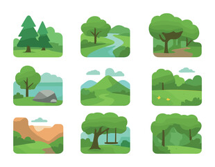 Natural Places Icons. Flat icon set of quiet natural places: forest clearing, river bend, shaded trail,