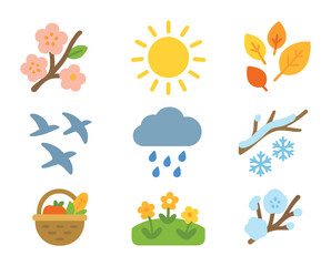 Naklejka premium Seasonal Nature Icons. Flat icon set of seasonal nature scenes: spring blossoms, summer sun, autumn leaves,