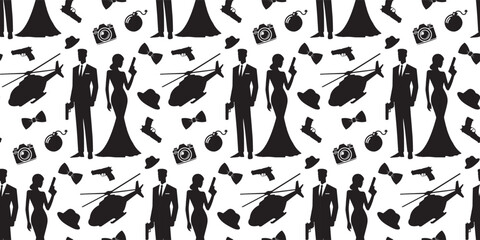 Seamless pattern Agent or spy silhouette set