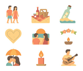 Romantic Beach Icons. Flat icon set of romantic beach activities: couple walking, beach picnic, message in