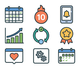 Digital Habit Icon Set. Flat icon set of digital habit tracking tools: habit calendar, streak counter, daily