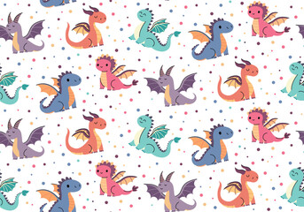Seamless pattern Cartoon cute dragon set. Vector