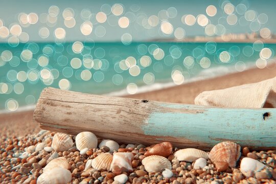 Driftwood and shells on a sandy beach, ocean backdrop