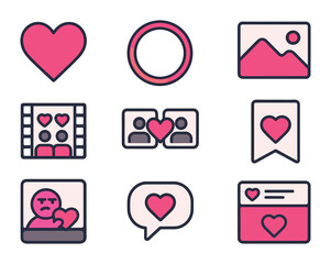 Social Media Love Icons. Flat icon set of love in social media: heart reaction, story highlight ring, tagged