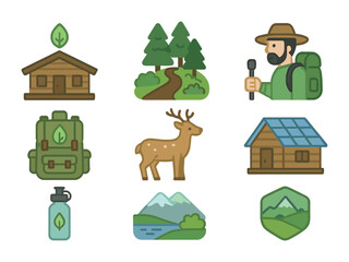 Ecotourism Icon Set. Flat icon set of ecotourism in remote or untouched ecosystems: eco-lodge, forest trail,