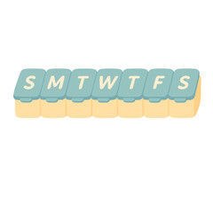 Cartoon weekly pillbox with soft pastel colors. Flat vector medicine container for daily use.
