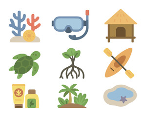 Island Ecotourism Icons. Flat icon set of island-based ecotourism: coral reef icon, snorkeling mask, bamboo