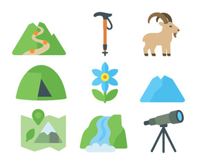 Mountain Ecotourism Icons. Flat icon set of mountain ecotourism: summit path, trekking pole, mountain goat,