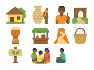 Community Ecotourism Icons. Flat icon set of community-based ecotourism: village homestay, local craft icon,