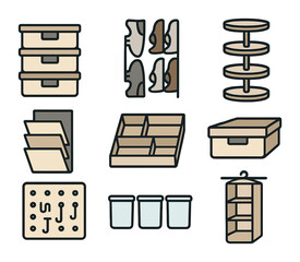 Home Organization Icons. Flat icon set of unique home organization systems: labeled storage bins, vertical