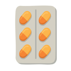 Blister pack with bright orange capsules. Flat cartoon vector illustration for health and medicine.