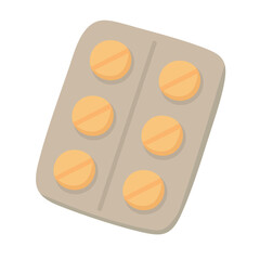 Blister pack with six orange tablets. Flat cartoon medicine icon in soft vector illustration.