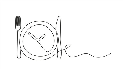 Continuous one line drawing of plate, fork, knife. Food symbol for bar, cafe, hotel. Ready to eat healthy food. for dinner, breakfast, lunch meal menu. Dinner time.  Hand drawn. Editable stroke	