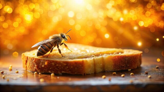Bee sitting on a slice of bread with honey, surrounded by golden light and warm colors , food, insects,  food, insects