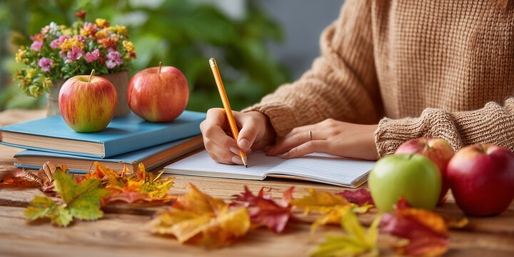 Person writing in notebook with pencil, surrounded by colorful autumn leaves, apples, and books