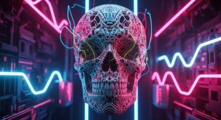 Cyberpunk Skull With Neon Lights And Waveforms