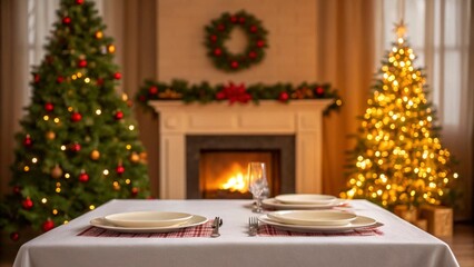 Warm Christmas Eve Dinner Setting: Festive Table, Decorated Trees, Cozy Fireplace