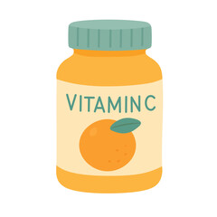 Cartoon vitamin C bottle with orange fruit label. Flat vector supplement and health illustration.