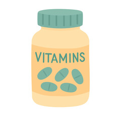Cartoon vitamins bottle with label and green pills. Flat vector health and wellness illustration.