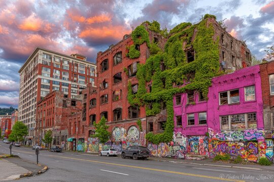 Urban decay, vibrant sunset hues.  Abandoned brick buildings covered in ivy and graffiti.  Modern buildings backdrop.  Street scene